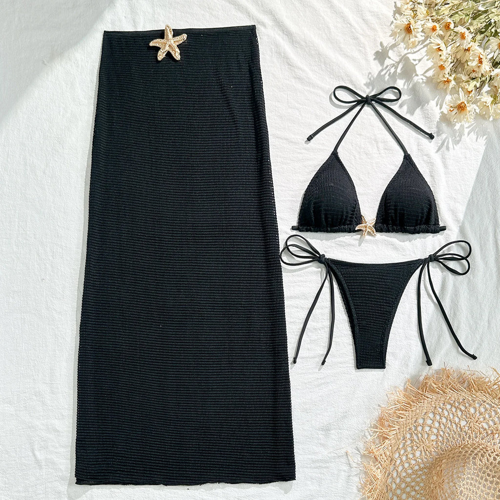 2025 new solid color mesh long skirt split swimsuit swimsuit three-piece set bikini