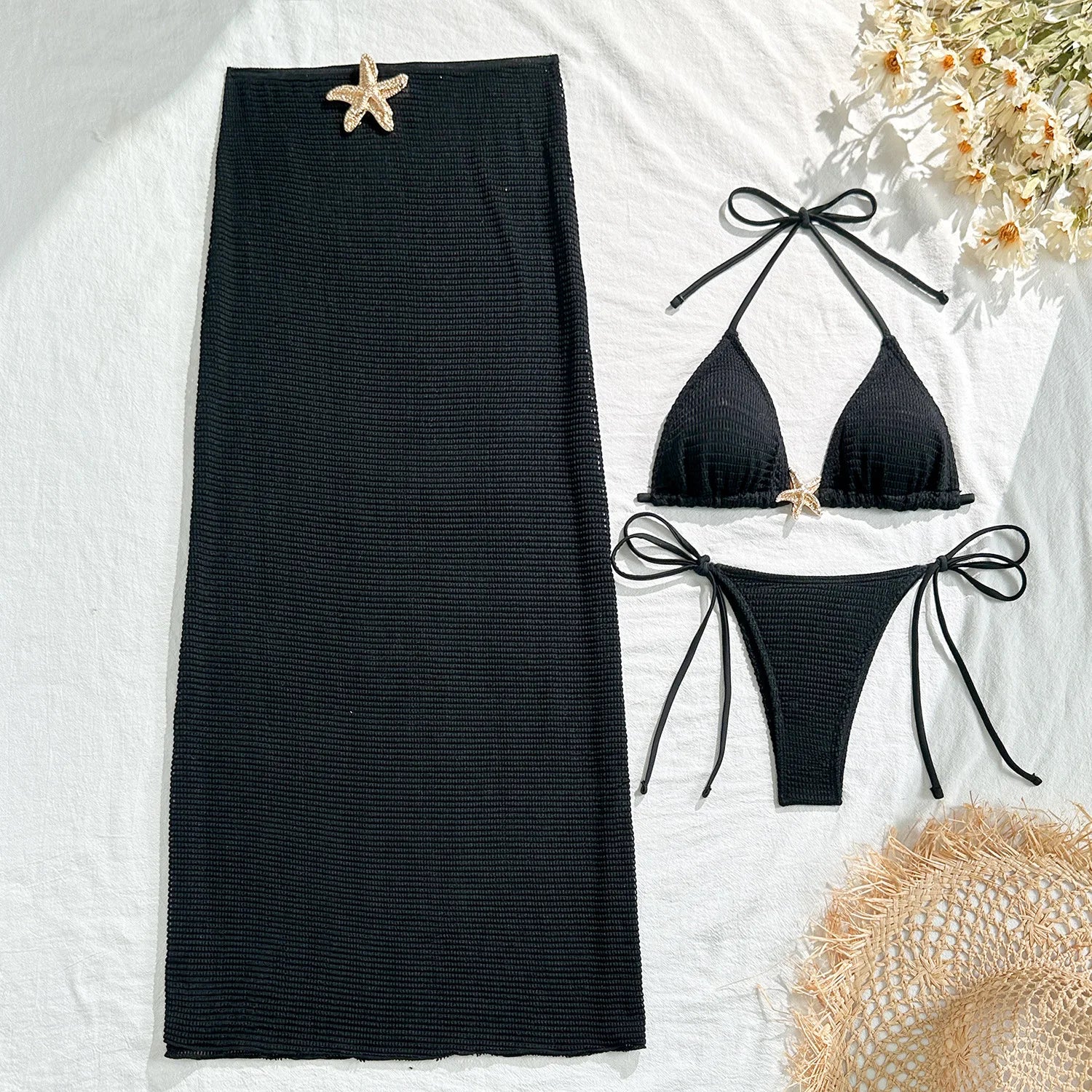2025 new solid color mesh long skirt split swimsuit swimsuit three-piece set bikini