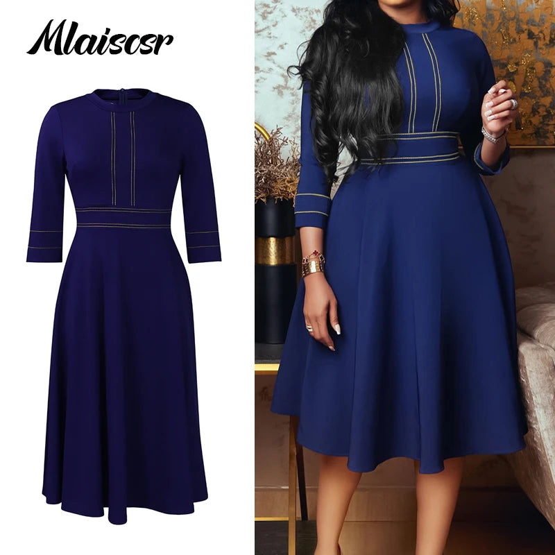 Elegant Casual O Neck 3/4 Sleeve High Waisted Pleated A Line Midi Dresses