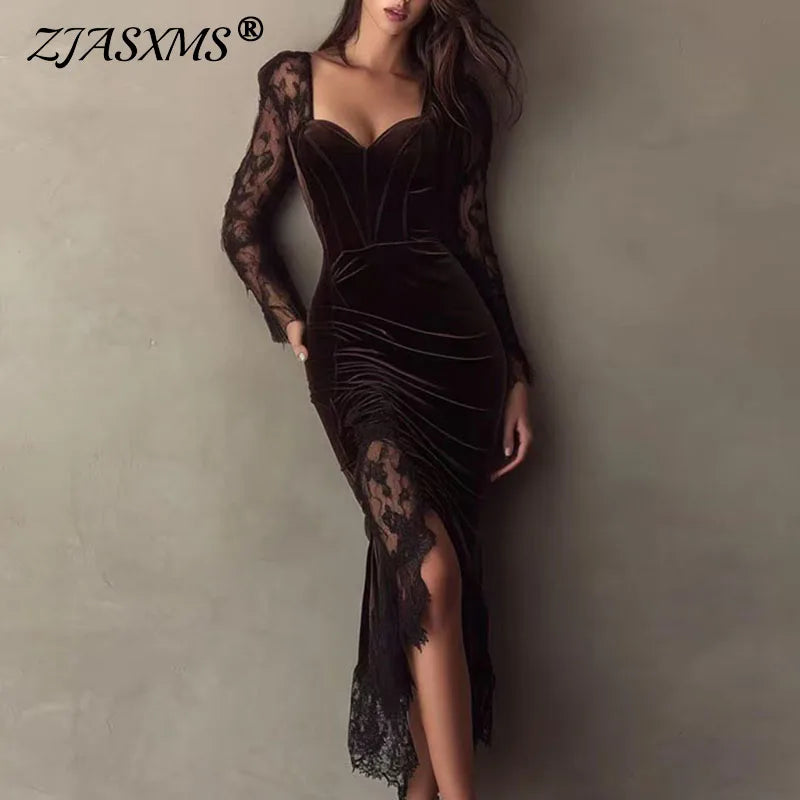 Velvet Bodycon Long Dress Deep V Neck Hollow Elegant Party Dress New Long Lace Sleeve Split