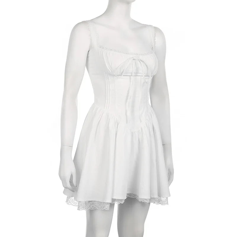 Sleeveless Mini Corset Dress with Lace Panel, A-line Dress, Elegant and Sweet, White, High Quality,l
