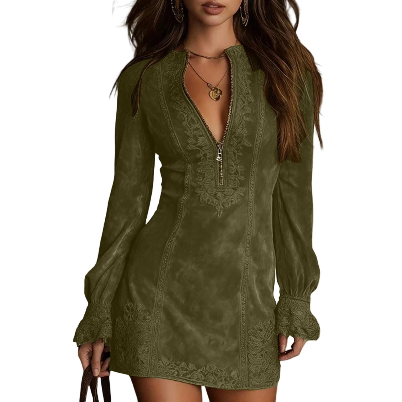 Suede V-Neck Zipper Lace Dress Long Sleeve Solid Color Vintage Mini Dress Trendy Chic Casual Retro Trim Stylish Outing Dress