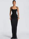 Elegant Square Collar Sleeveless Skinny Ruched Club Party Long Dress