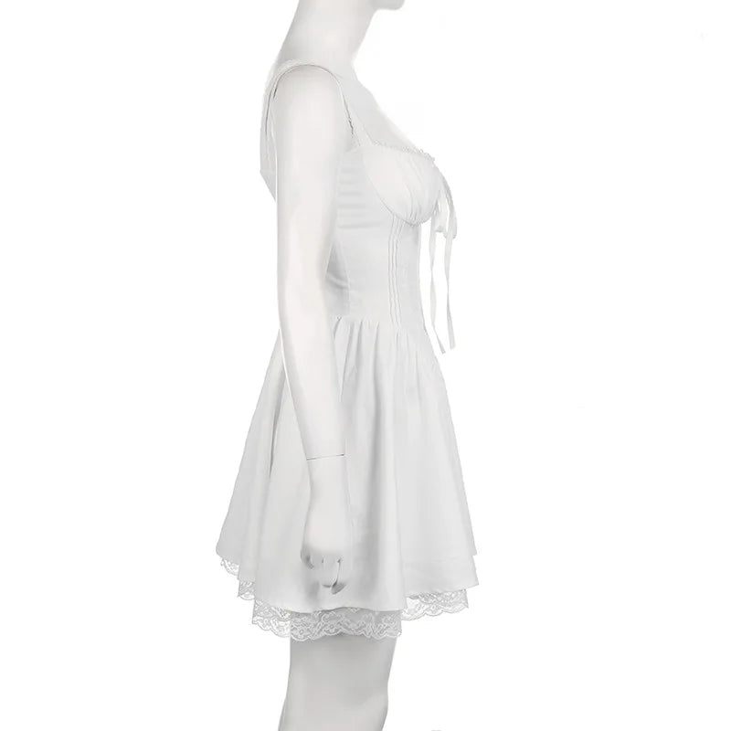 Sleeveless Mini Corset Dress with Lace Panel, A-line Dress, Elegant and Sweet, White, High Quality,l