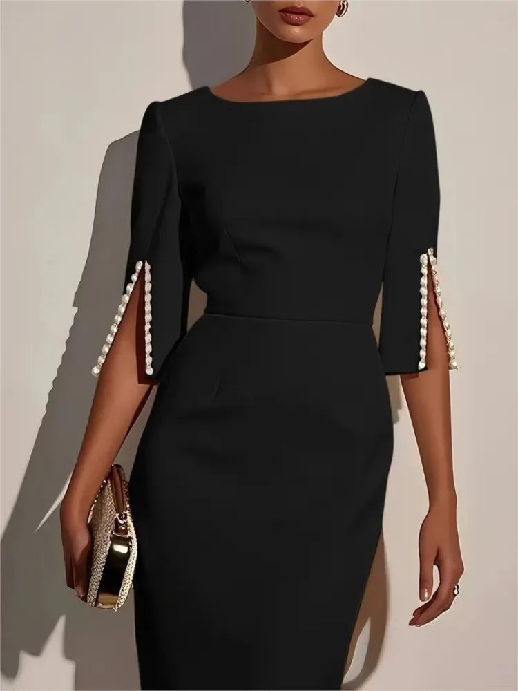 Elegant O-neck Half-sleeved Dress For Women Fashion Spring Summer Solid Color Pearl Design Waist-hugging