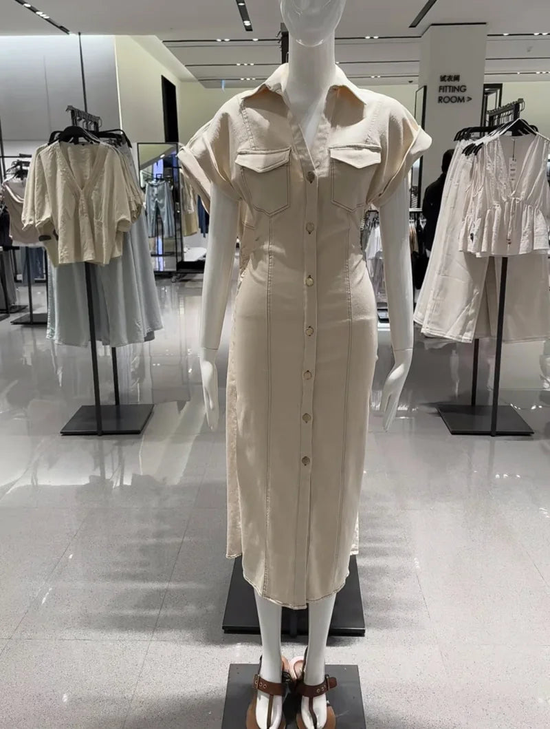 women's elegant fashion waist pleated V-neck short-sleeved denim MIDI dress