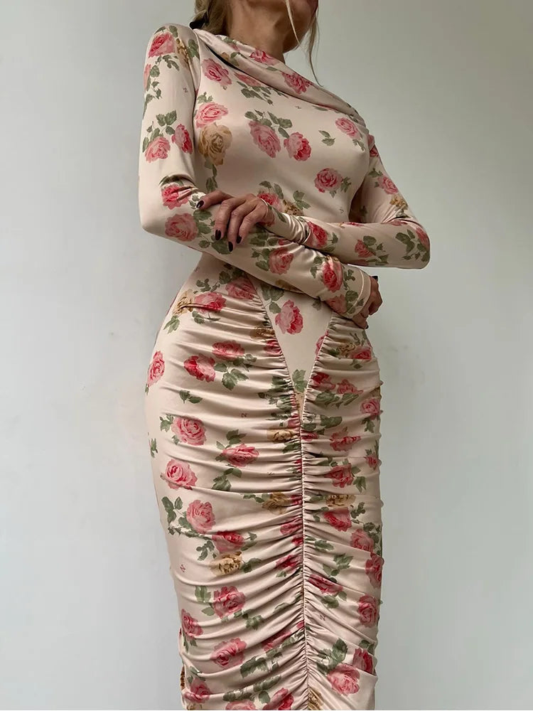 Flower Prints Long Sleeve Slash Neck