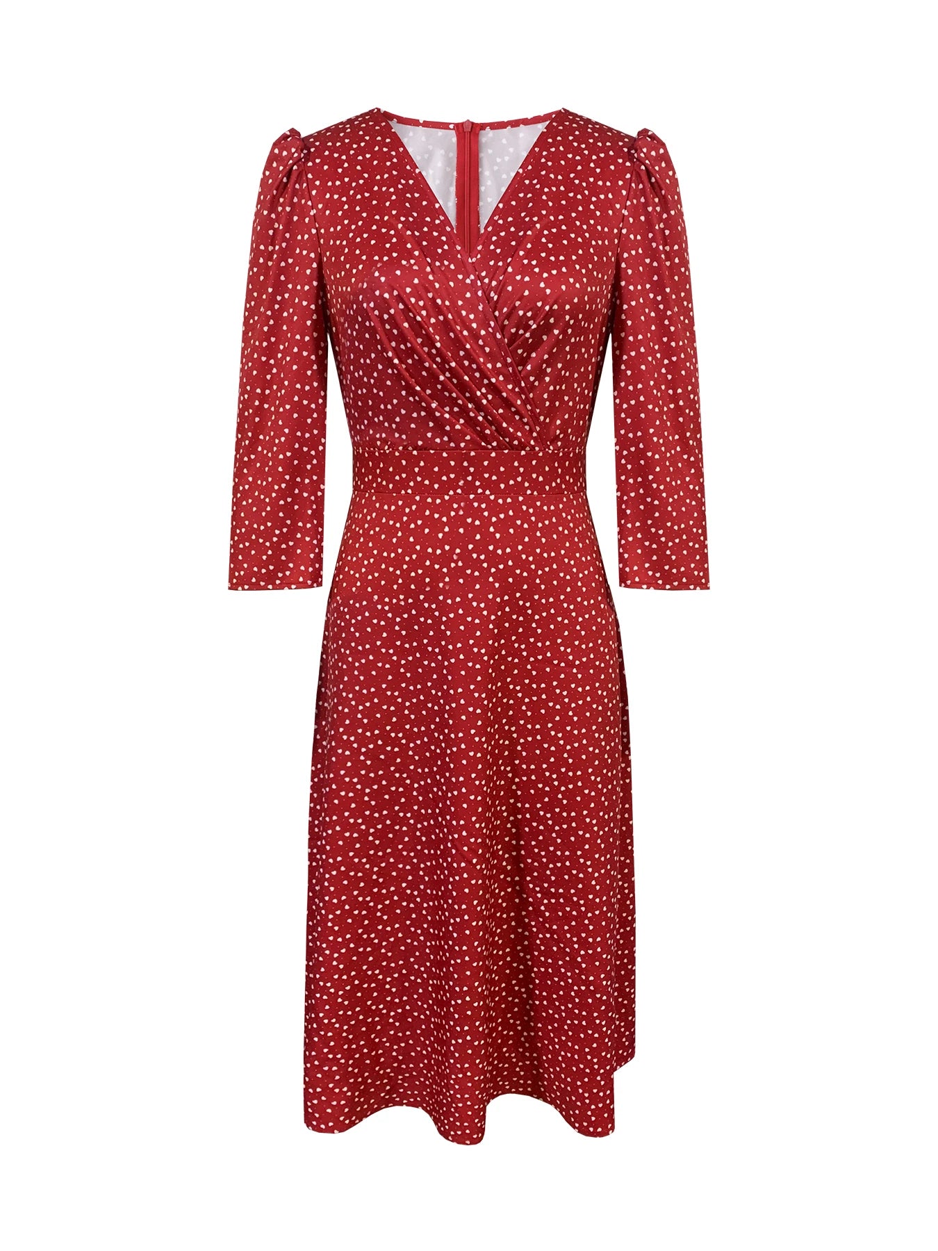 Women's Burgundy White Polka Dot Midi Dress V-Neck 3/4 Sleeves A-Line Spring Summer Elegant Vintage Daily Party Dress