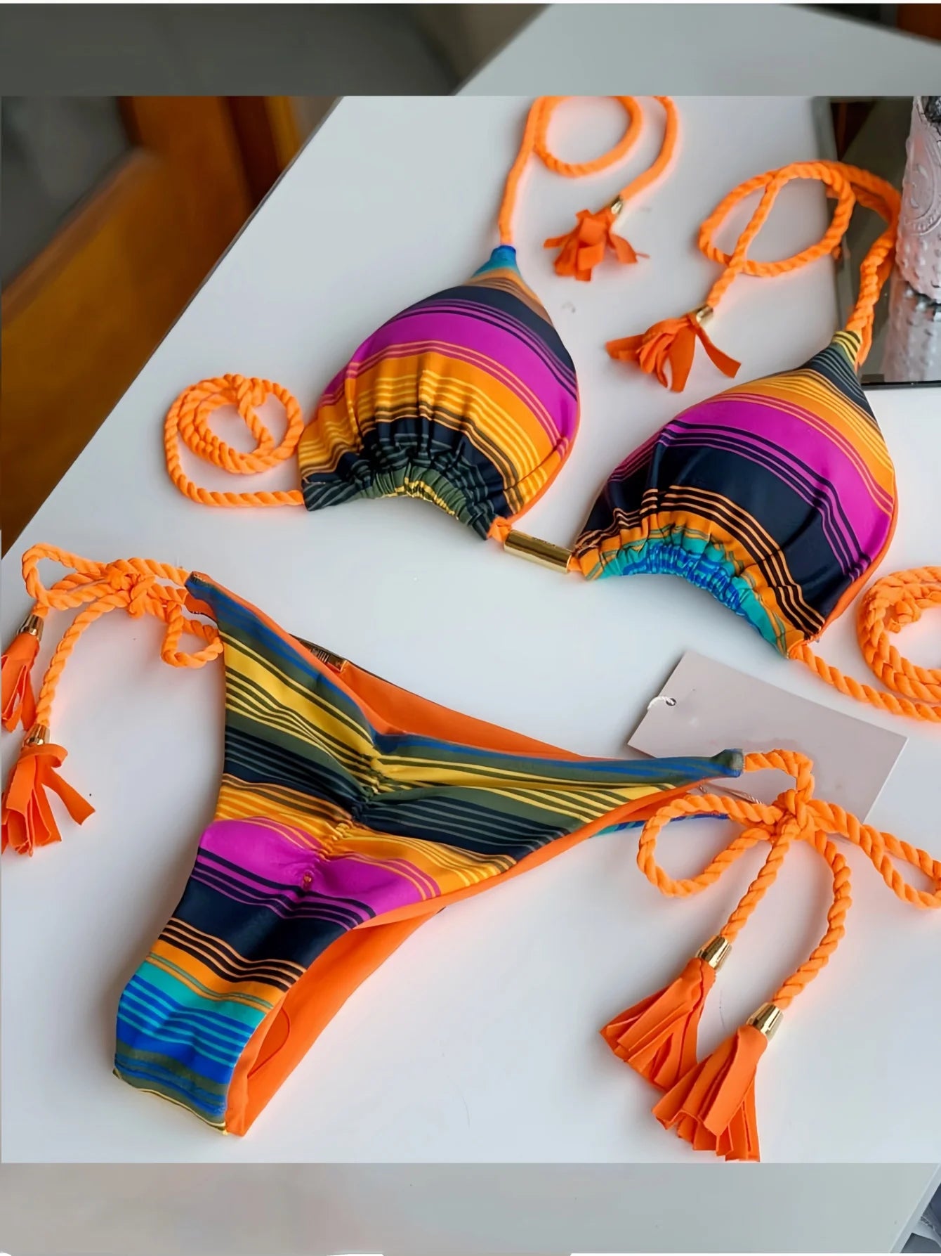 2026 Sexy Leopard Print Swimwear Women'S Split Bikini Set Woven Rope Strap Fringe Beach Women'S Two-Piece Swimsuit Bathing Suit