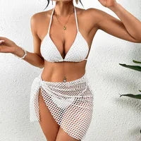 2025 new solid color mesh long skirt split swimsuit swimsuit three-piece set bikini