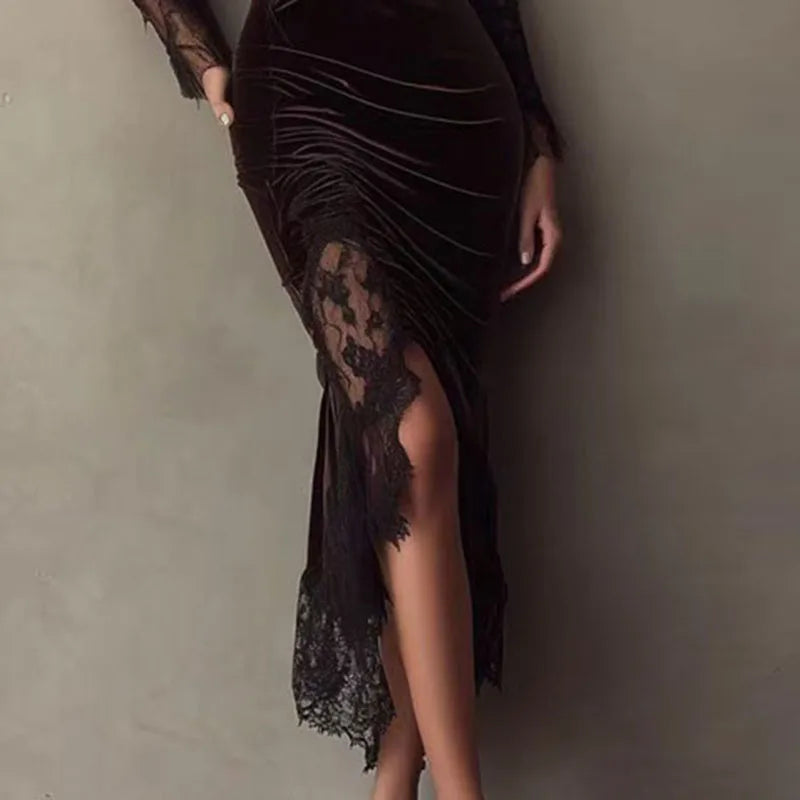 Velvet Bodycon Long Dress Deep V Neck Hollow Elegant Party Dress New Long Lace Sleeve Split
