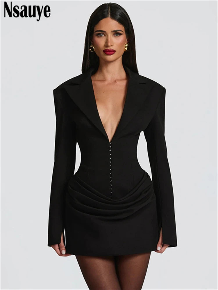 Elegant Evening Short Dress Women Fall Long Sleeve Sexy Fashion Night Club Party White Mini Wrap Corset Dress