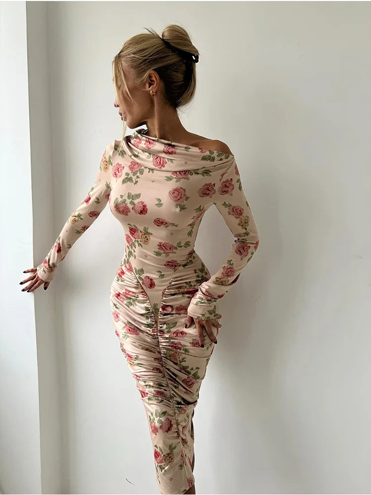 Flower Prints Long Sleeve Slash Neck