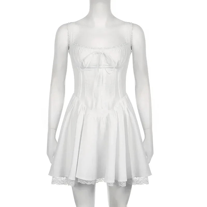 Sleeveless Mini Corset Dress with Lace Panel, A-line Dress, Elegant and Sweet, White, High Quality,l