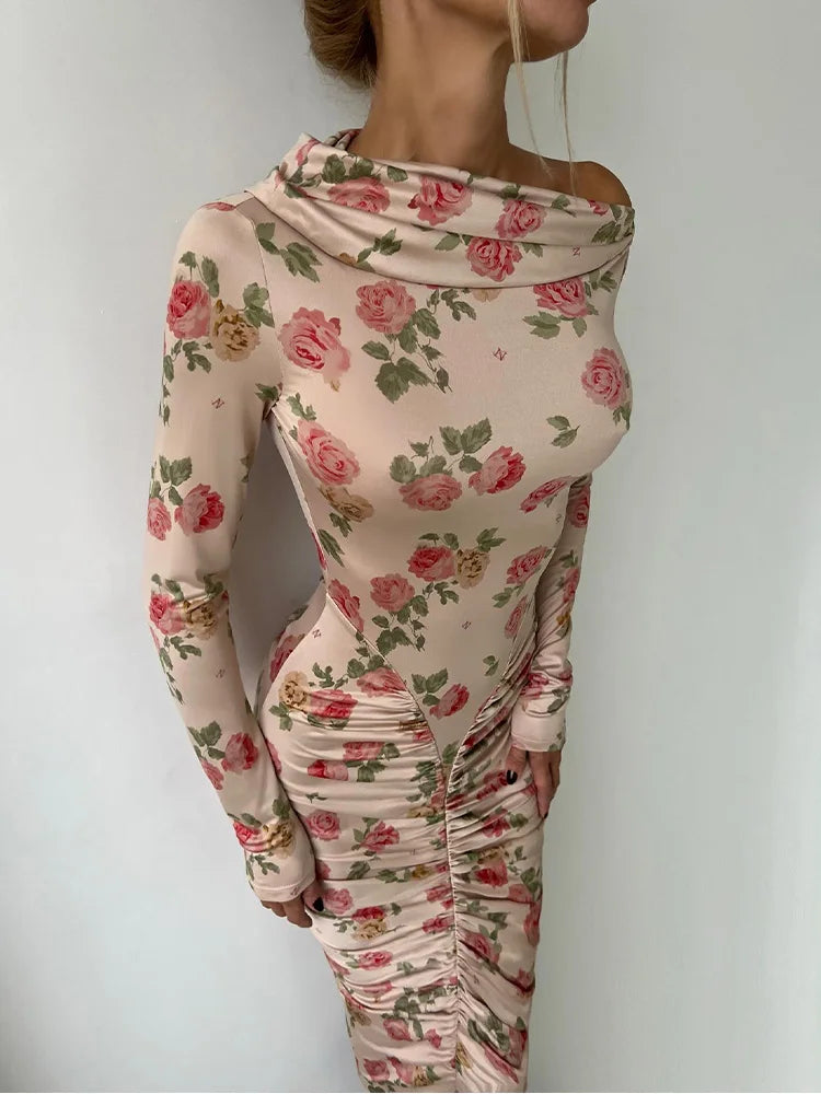 Flower Prints Long Sleeve Slash Neck