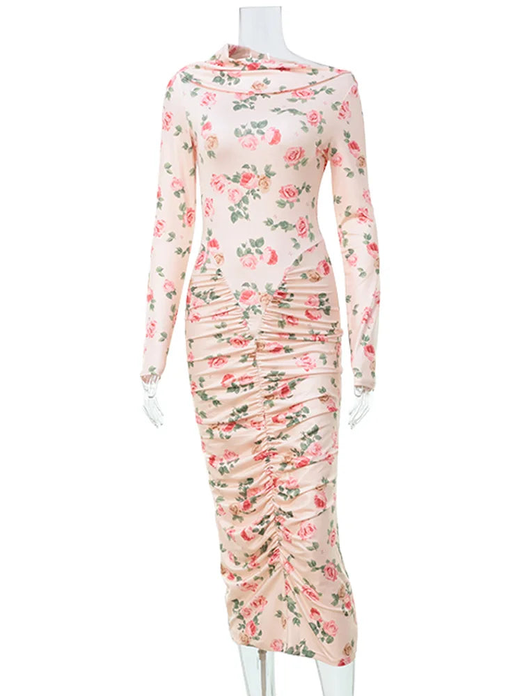 Flower Prints Long Sleeve Slash Neck