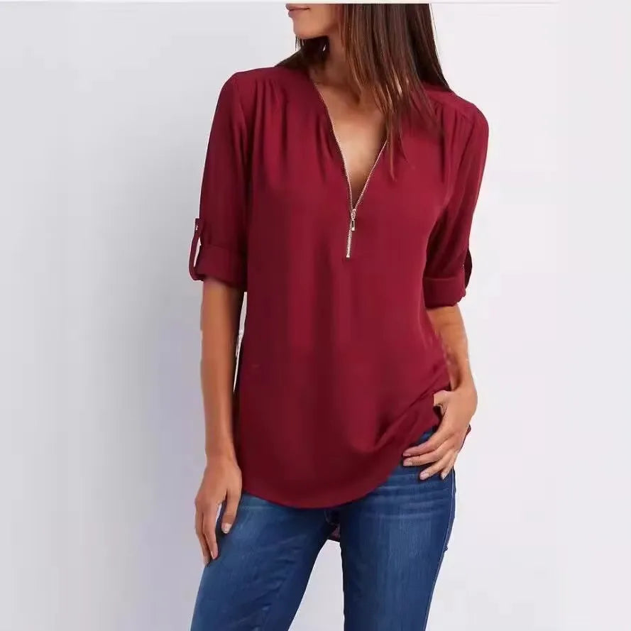 Women Cool Loose Shirt Deep V Neck Chiffon Fashion Blouse Casual Ladies Tops Sexy Zipper Pullover Plus Size