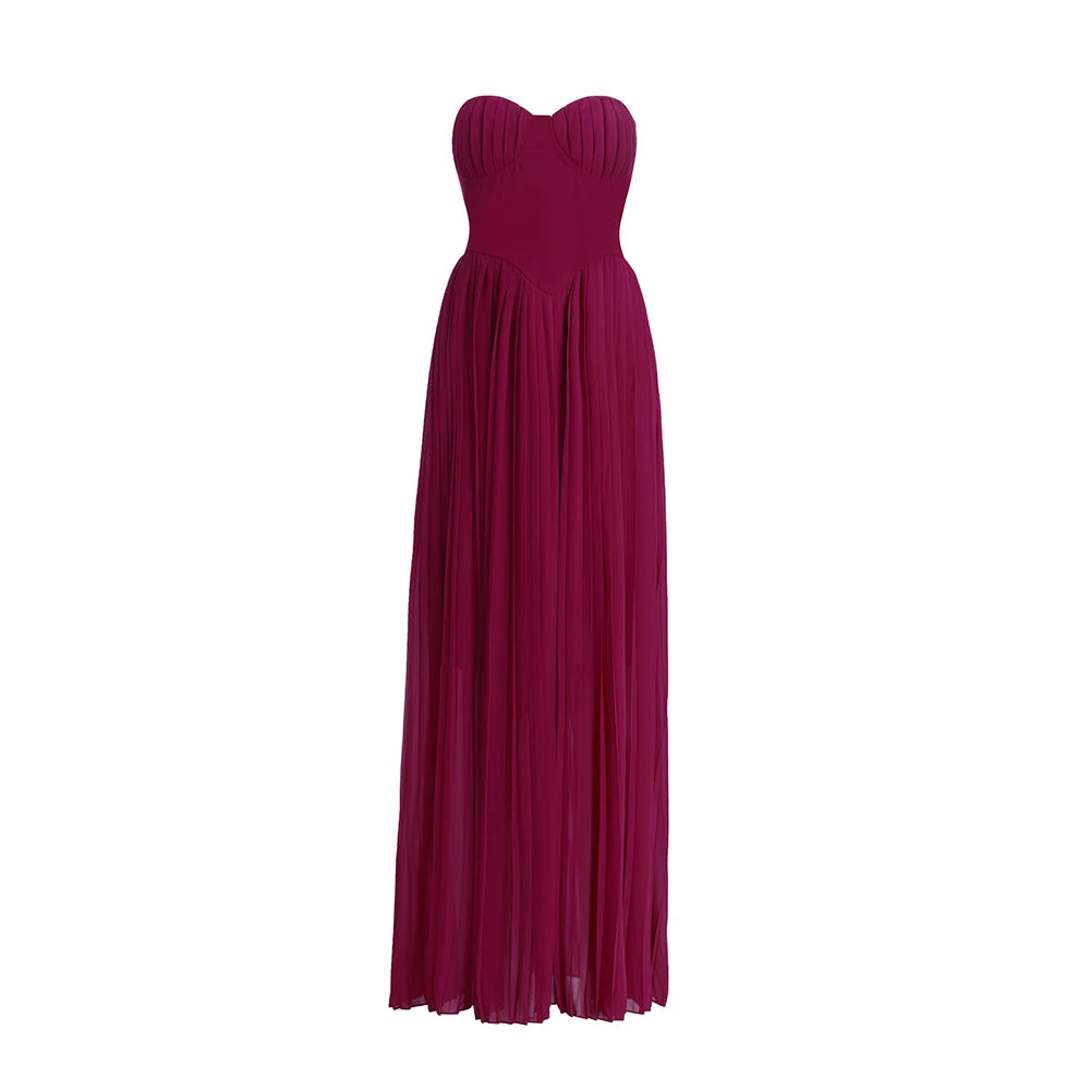 Suninheart Elegant Pleated Strapless Dresses Women Chiffon Maxi Corset Dress Long Evening Prom Party Dress Holiday