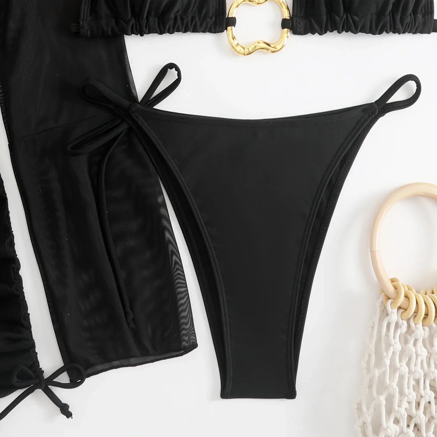Sexy White Black 4 Piece Bikinis Sets Women Long Sleeve Mesh Cover Up Skirt Swimsuit Beach Bathing Suit Holiday Swimwear Biquini
