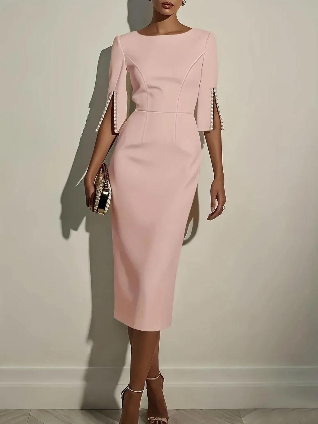 Elegant O-neck Half-sleeved Dress For Women Fashion Spring Summer Solid Color Pearl Design Waist-hugging