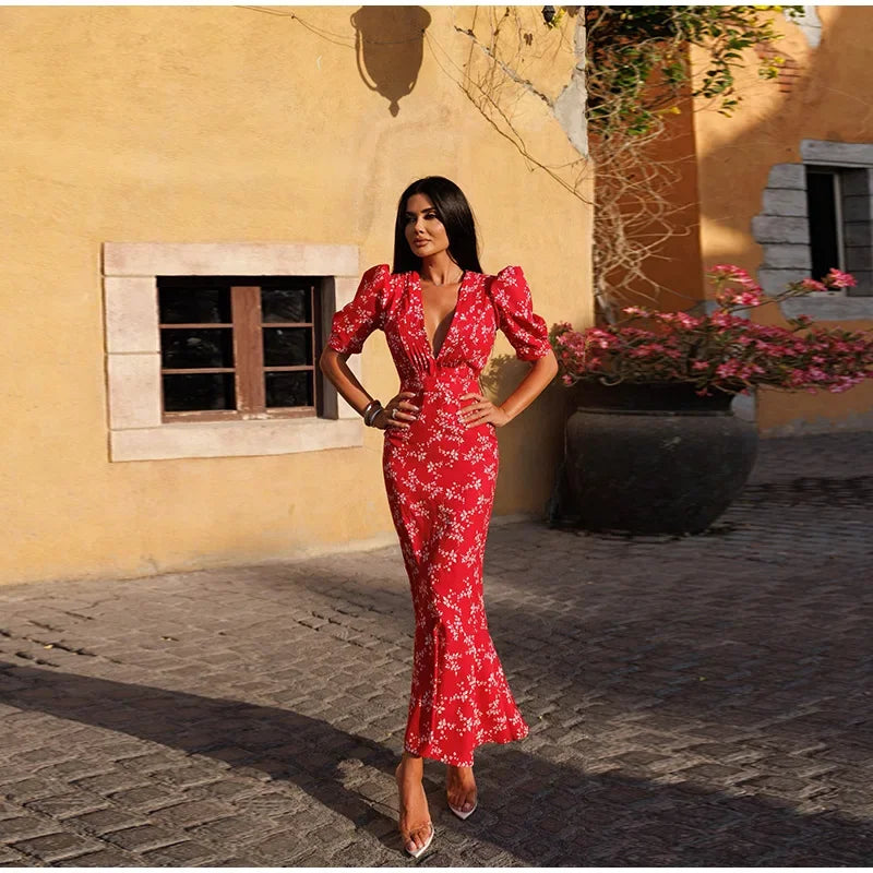 Patchwork Print Women Dress Slim V-neck Short Puff Sleeve