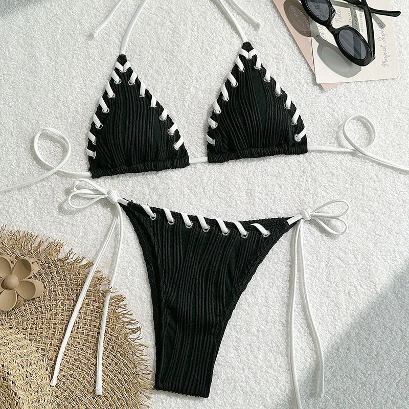 New Women's Sexy Bikinis Swimwear Summer Holiday Beach Swim Wear Bathing Suits Female Solid Color Bandage Pool Bather Bikini Set