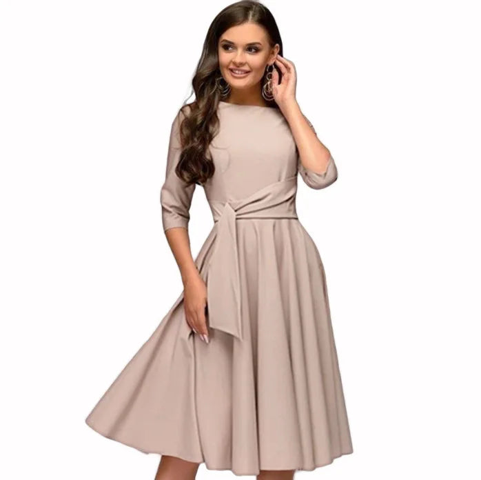 A-Line Swing Knee-Length Short Sleeve Belt Waist Retro Skirts Round Neck Waist Tie Lace-up Maxi Dress