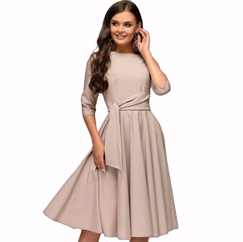 A-Line Swing Knee-Length Short Sleeve Belt Waist Retro Skirts Round Neck Waist Tie Lace-up Maxi Dress