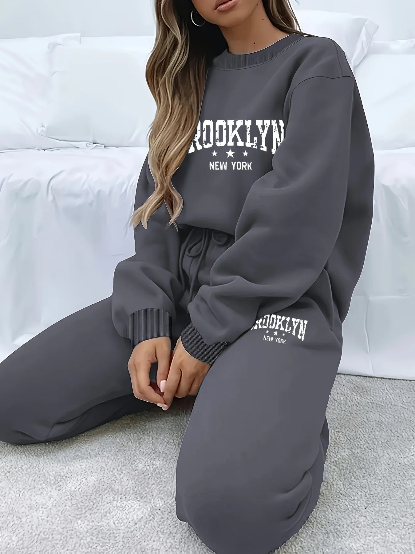 Women's autumn and winter casual Brooklyn New York letter printed round neck sweatshirt+sweatpants set warm clothing