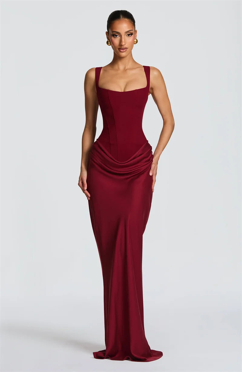 Elegant Square Collar Sleeveless Skinny Ruched Club Party Long Dress