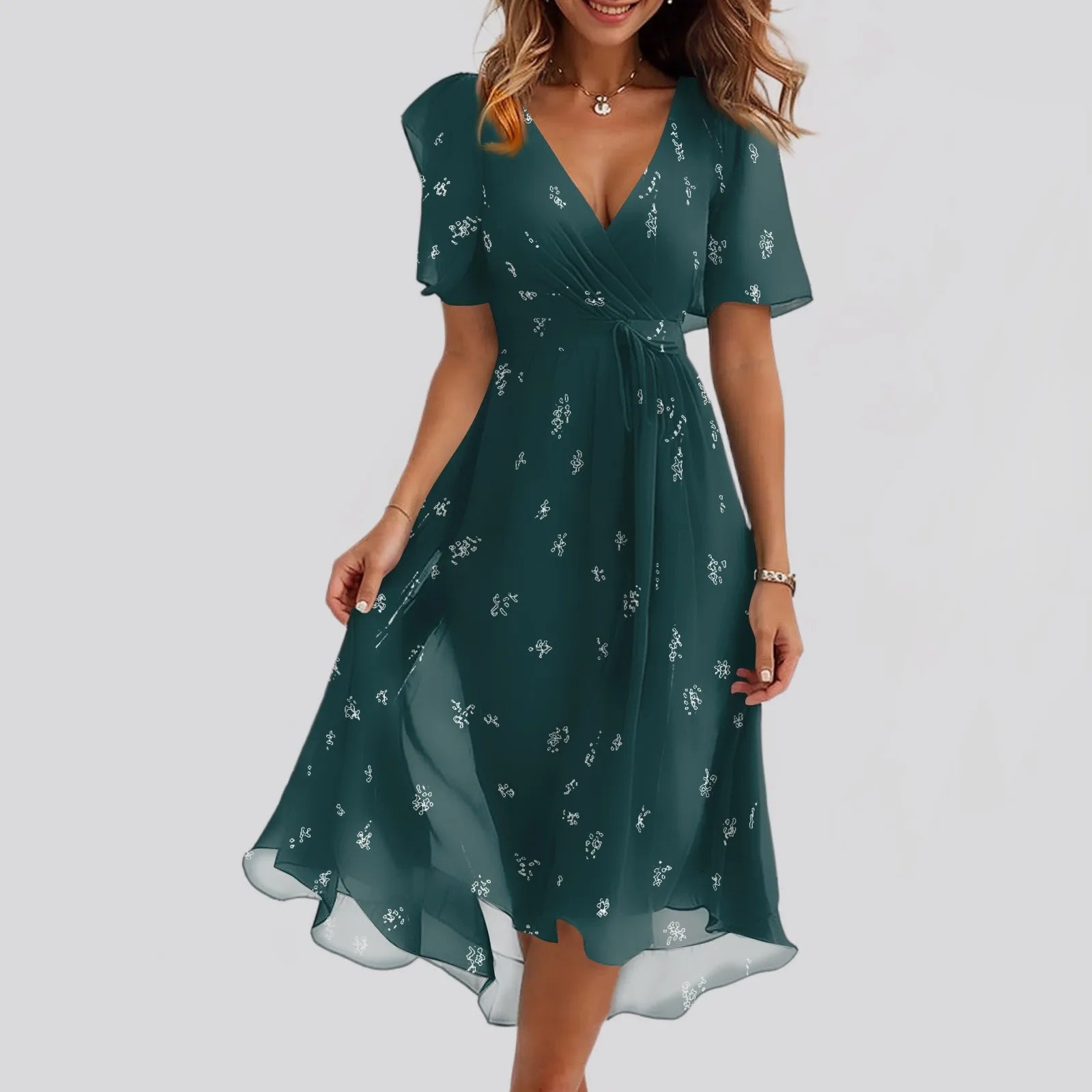 Daily Casual Fashion Wrinkles V-Neck Waist Cinching A-Line Zipper Dress Lightweight Comfy Vacation Dress