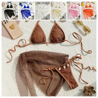 2025 new solid color mesh long skirt split swimsuit swimsuit three-piece set bikini