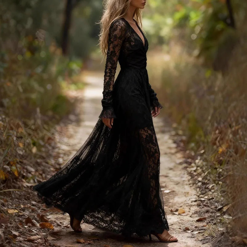 New Deep V Neck Embroidery Lace Woman Dress Spring Hollow Out High Waist Crochet Dresses Autumn Flare Sleeve Jacquard Long Dress