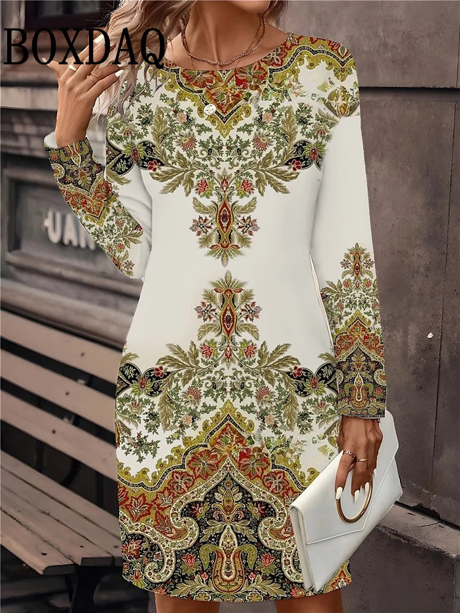 Women's Casual Long Sleeve Print Dress Fashion Autumn Winter Floral For Women Dresses Retro O-Neck Loose Ladies Dresses Vestidos
