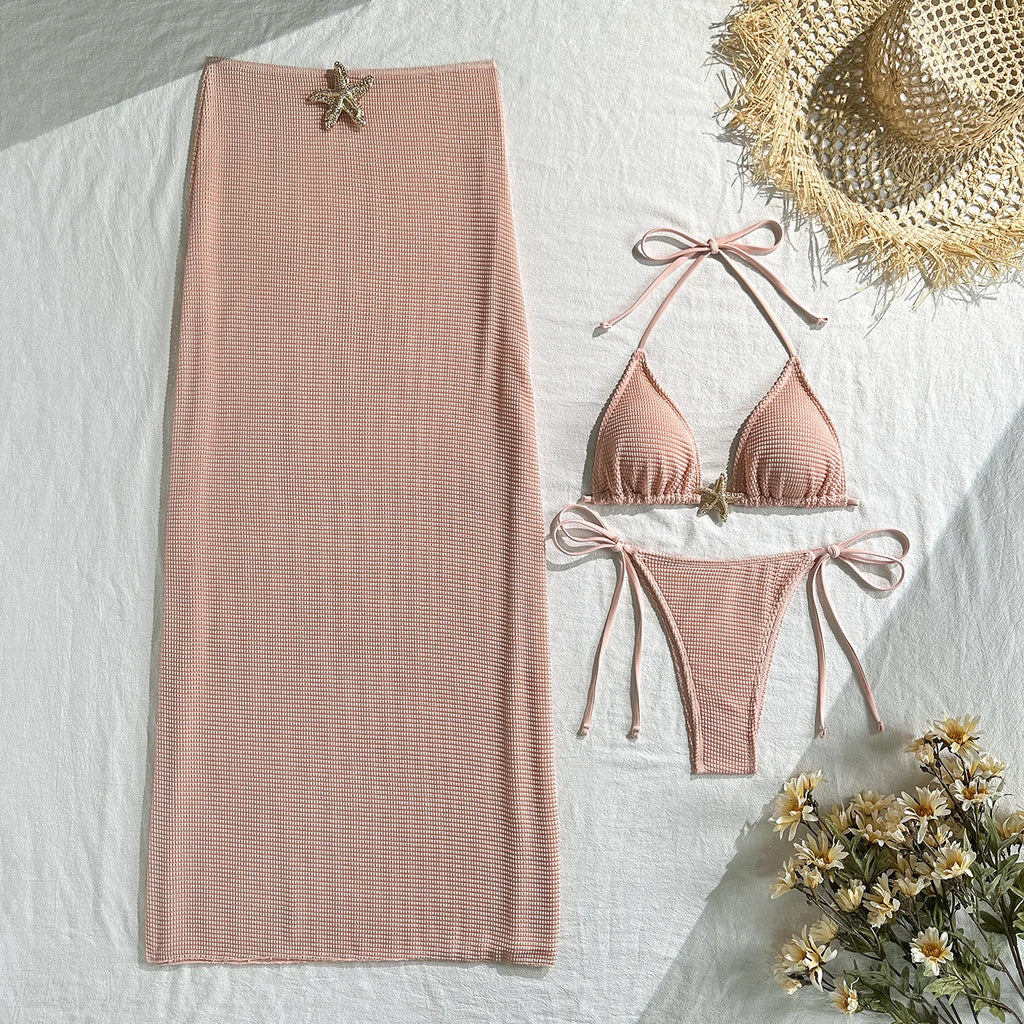 2025 new solid color mesh long skirt split swimsuit swimsuit three-piece set bikini