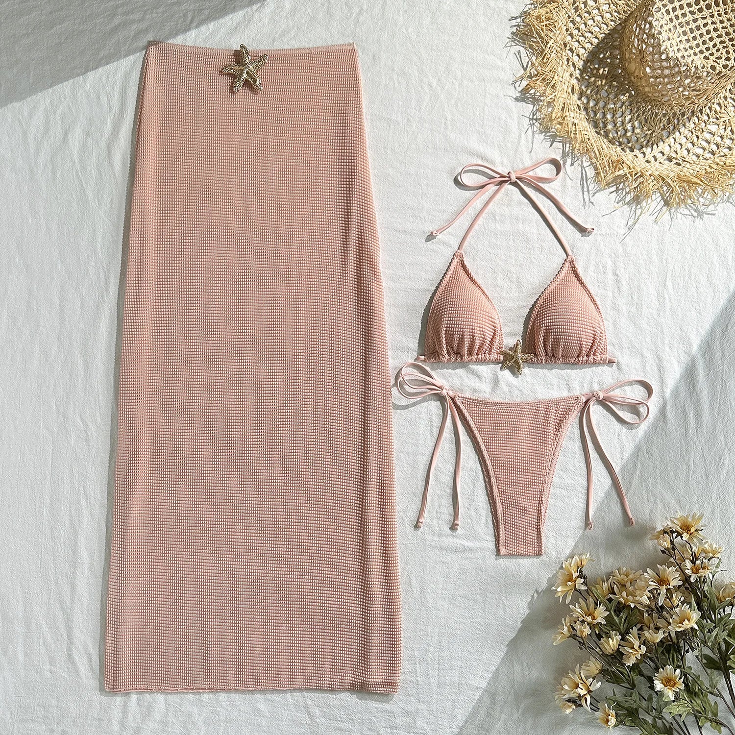 2025 new solid color mesh long skirt split swimsuit swimsuit three-piece set bikini