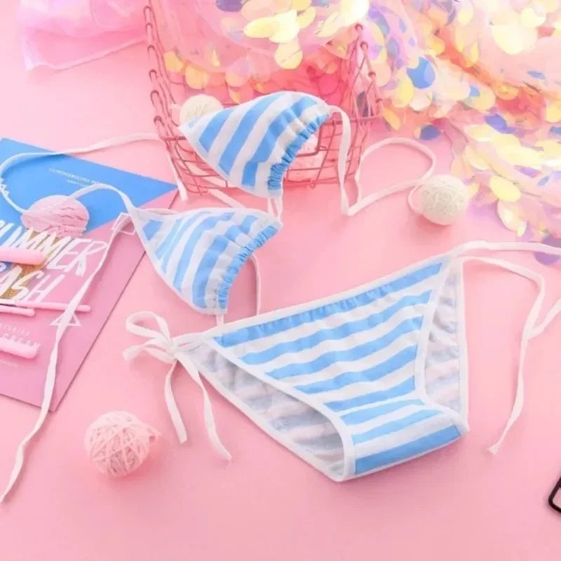 Japan Sexy Lingerie Lolita Kawaii Blue Pink White Striped Mini Bikini Adult Cosplay Women  Bra Underwear Frenum Swimsuit Set