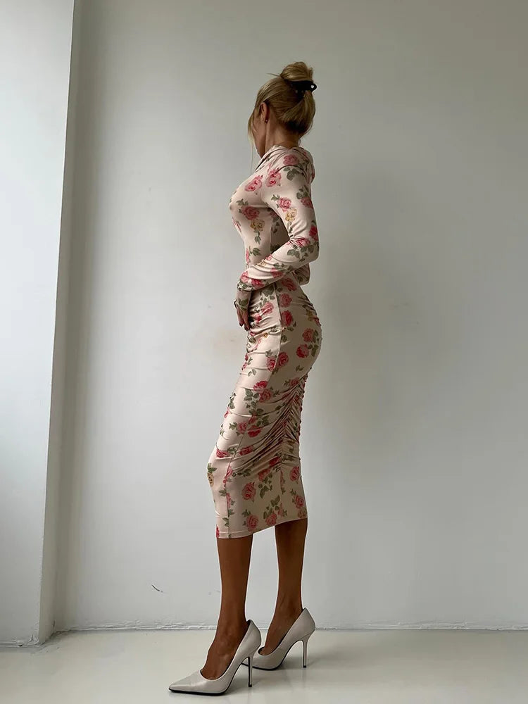 Flower Prints Long Sleeve Slash Neck