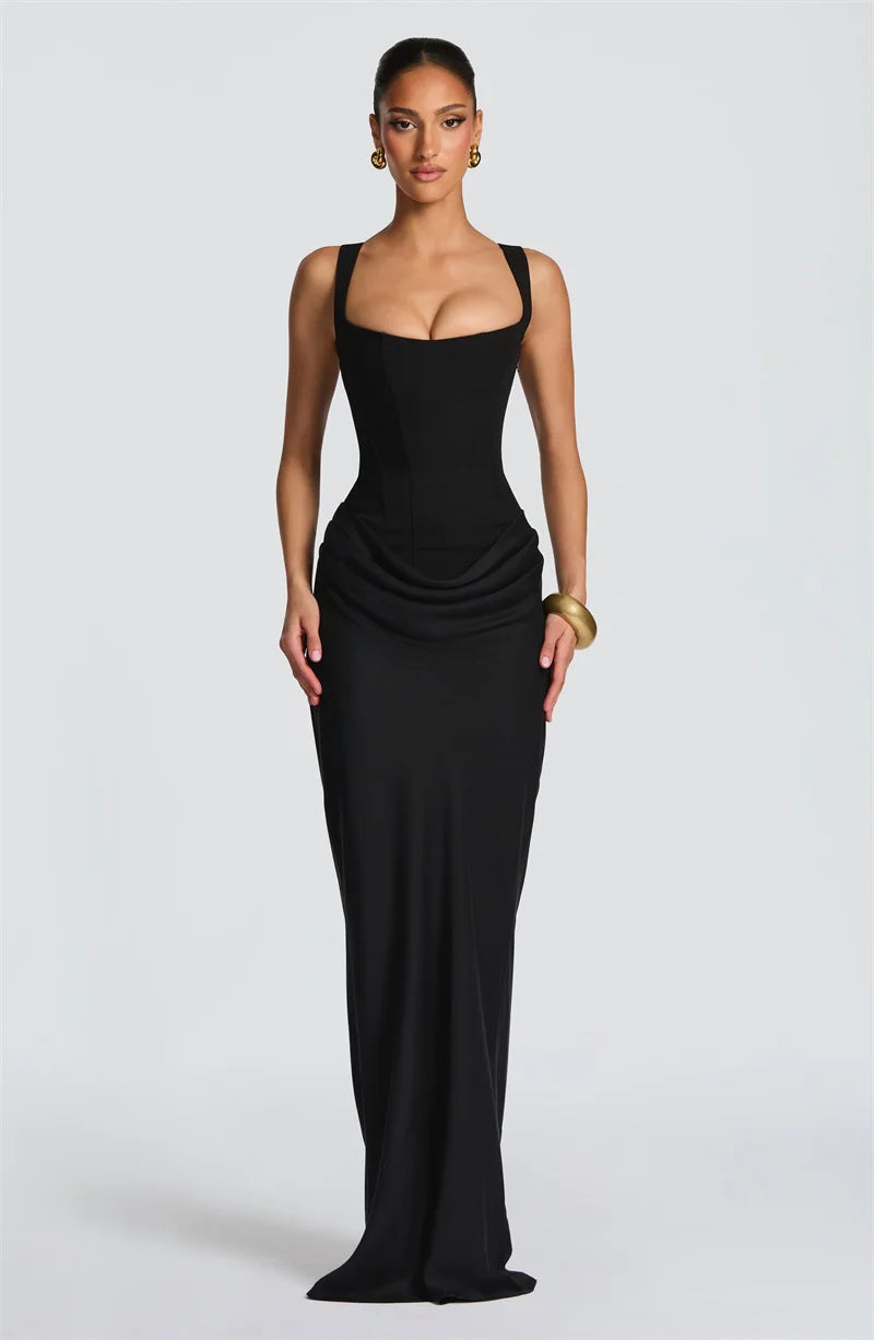Elegant Square Collar Sleeveless Skinny Ruched Club Party Long Dress