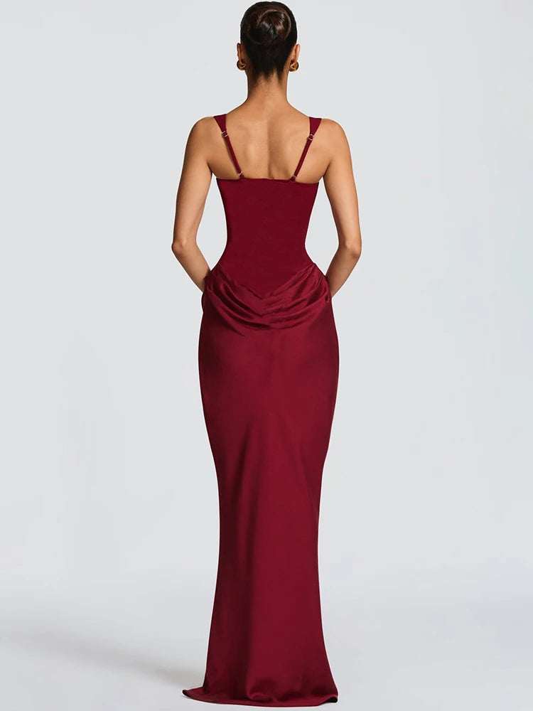 Elegant Square Collar Sleeveless Skinny Ruched Club Party Long Dress