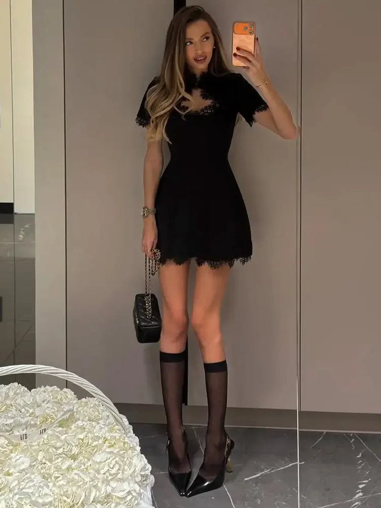Black Lace Hollow Out Mini Dress