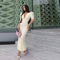 Patchwork Print Women Dress Slim V-neck Short Puff Sleeve