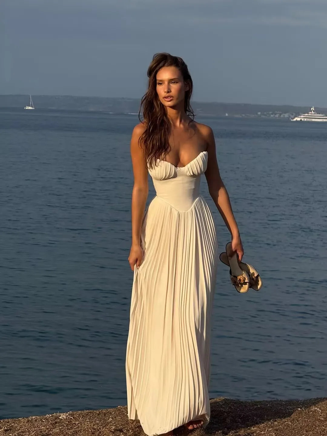 Suninheart Elegant Pleated Strapless Dresses Women Chiffon Maxi Corset Dress Long Evening Prom Party Dress Holiday