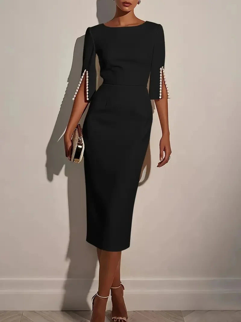 Elegant O-neck Half-sleeved Dress For Women Fashion Spring Summer Solid Color Pearl Design Waist-hugging