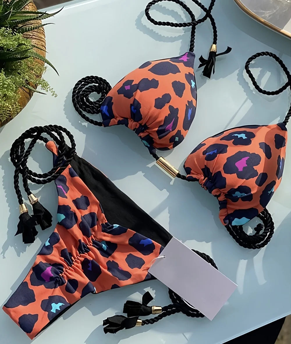 2026 Sexy Leopard Print Swimwear Women'S Split Bikini Set Woven Rope Strap Fringe Beach Women'S Two-Piece Swimsuit Bathing Suit