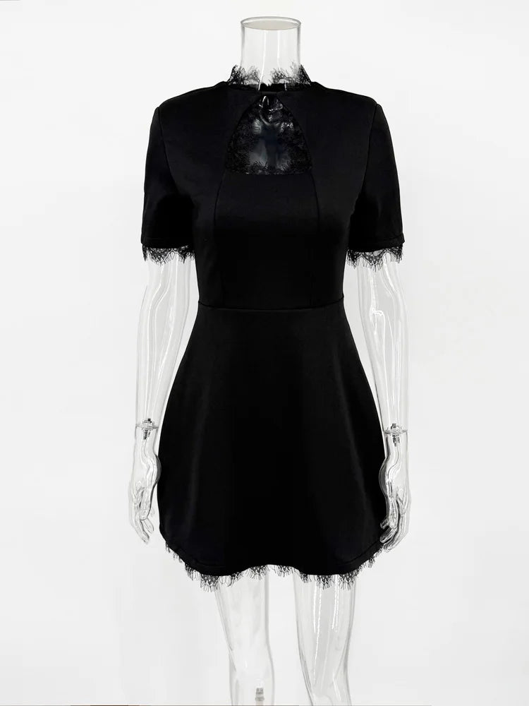Black Lace Hollow Out Mini Dress