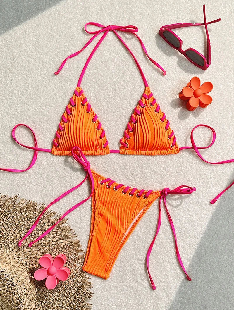 New Women's Sexy Bikinis Swimwear Summer Holiday Beach Swim Wear Bathing Suits Female Solid Color Bandage Pool Bather Bikini Set
