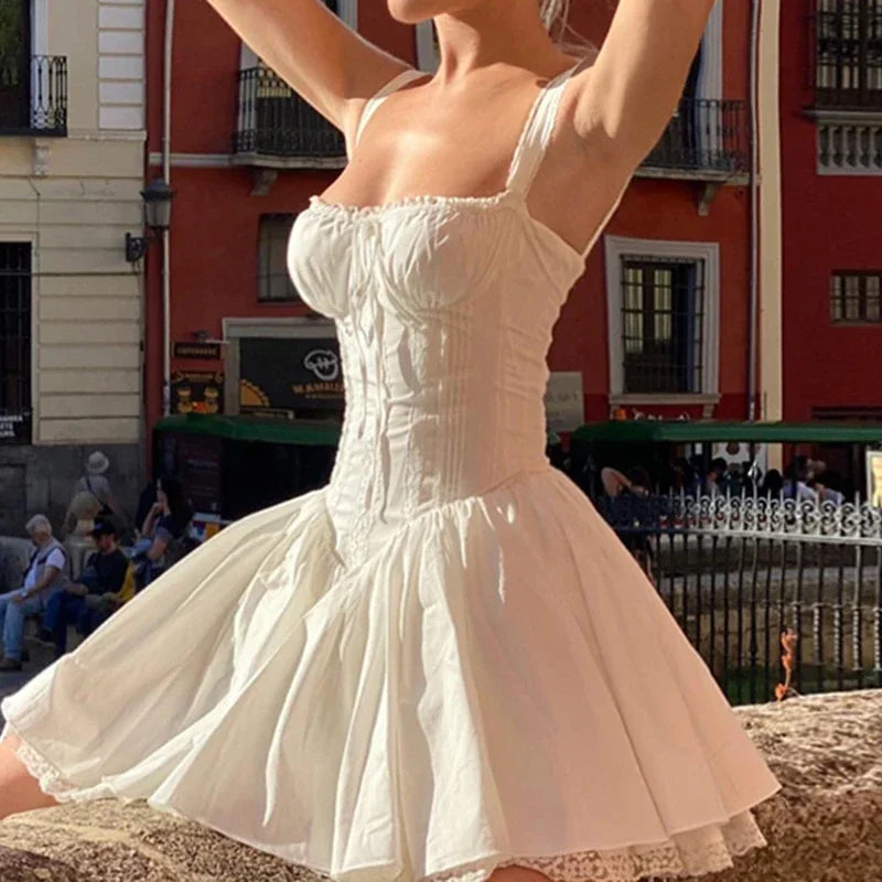 Sleeveless Mini Corset Dress with Lace Panel, A-line Dress, Elegant and Sweet, White, High Quality,l