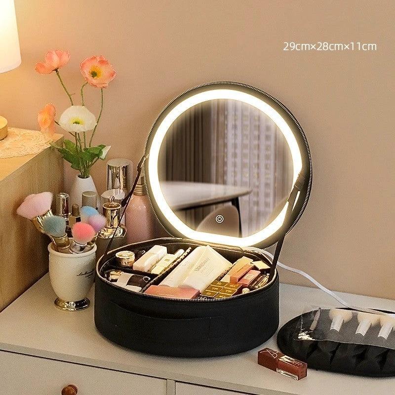 Round Smart LED Makeup Bag - Mirror Lights Travel Organizer