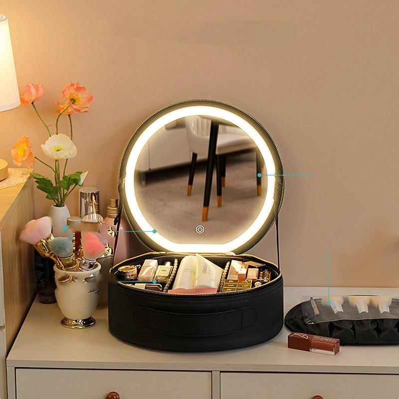 Round Smart LED Makeup Bag - Mirror Lights Travel Organizer